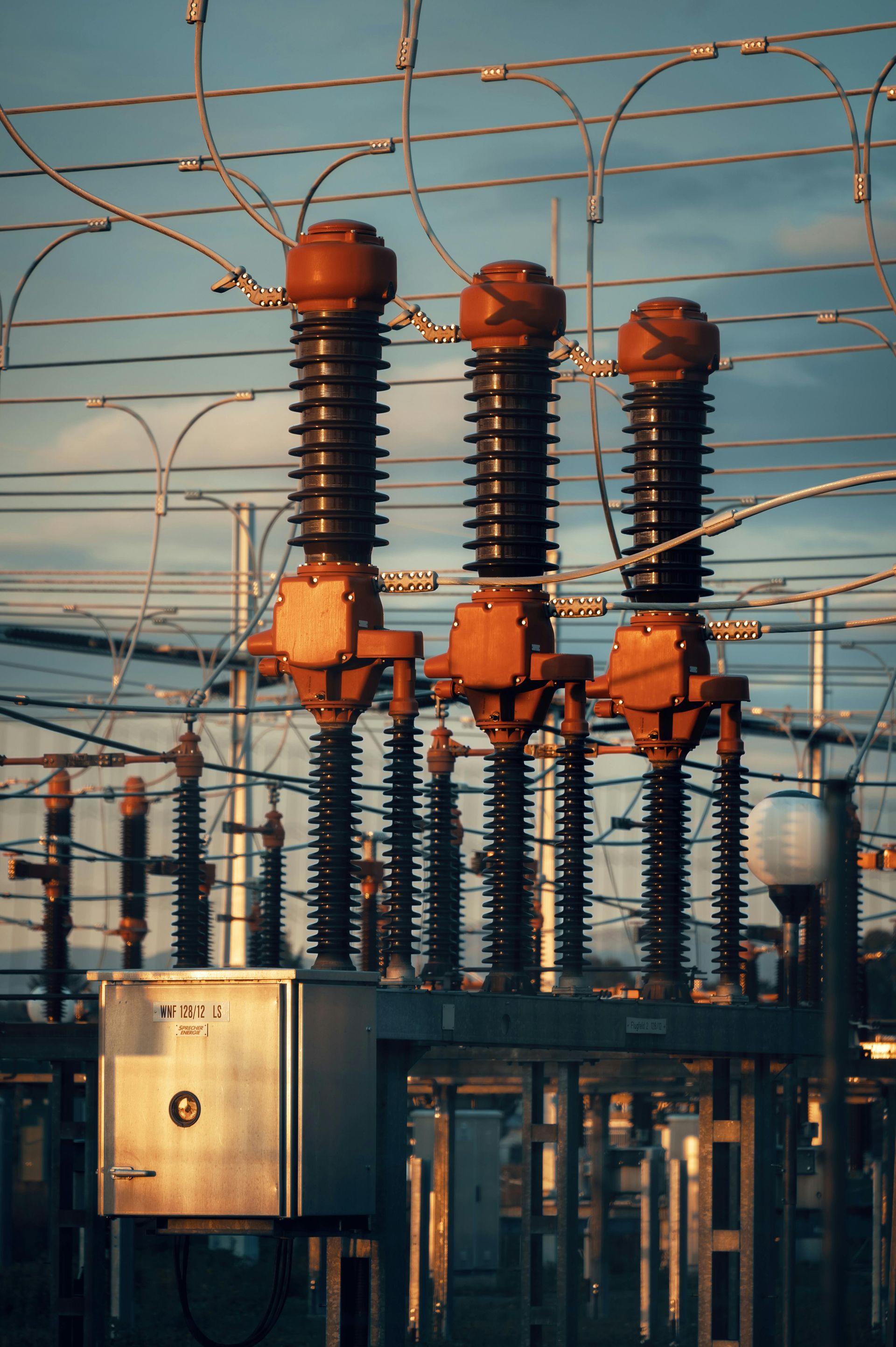 A close up of a power station with a blue sky in the background.