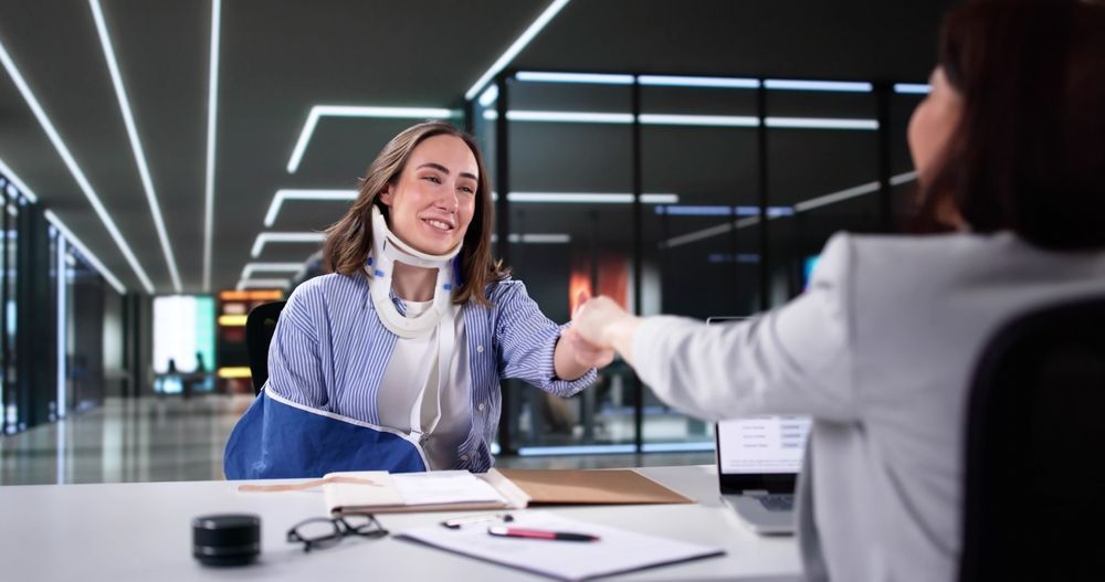 Woman with arm sling and neck brace shakes hands with another in an office.