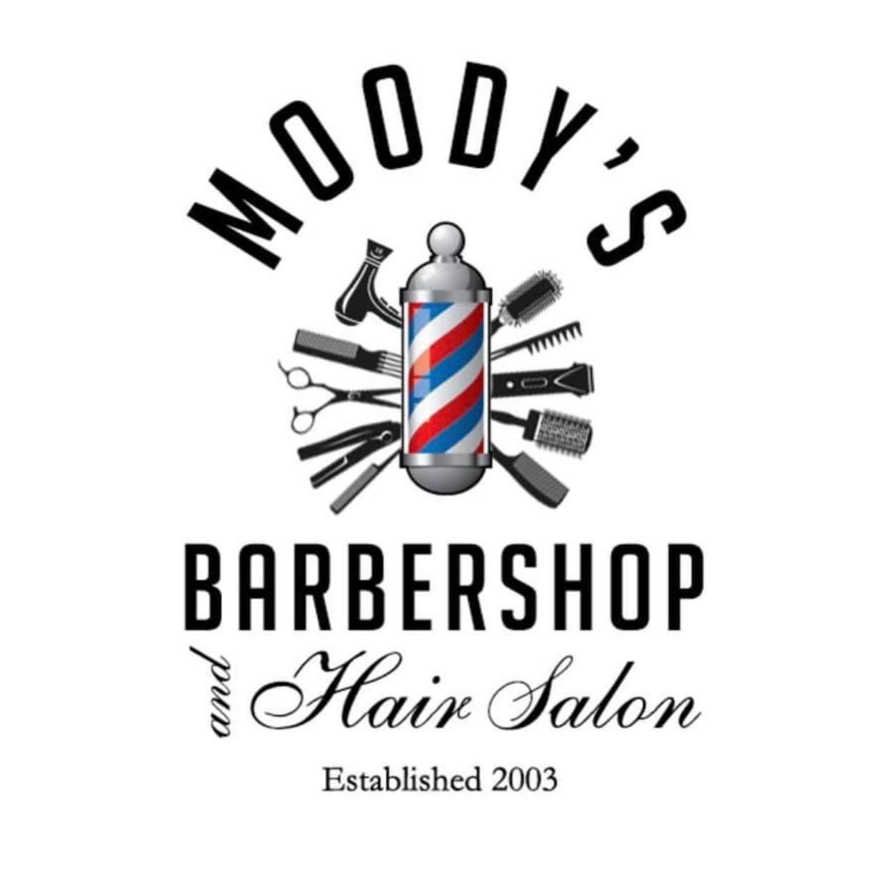Moody's Barbershop logo: barber pole with surrounding barber tools, with text