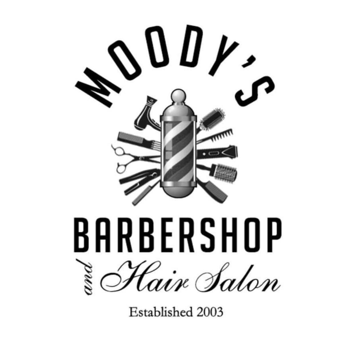 Moody's Barbershop logo: barber pole with surrounding tools, 