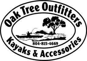 Oak Tree Outfitters logo: silhouette of person kayaking and fishing near a tree, phone number.