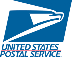 Blue USPS logo: White eagle head and wing emerging from blue square,