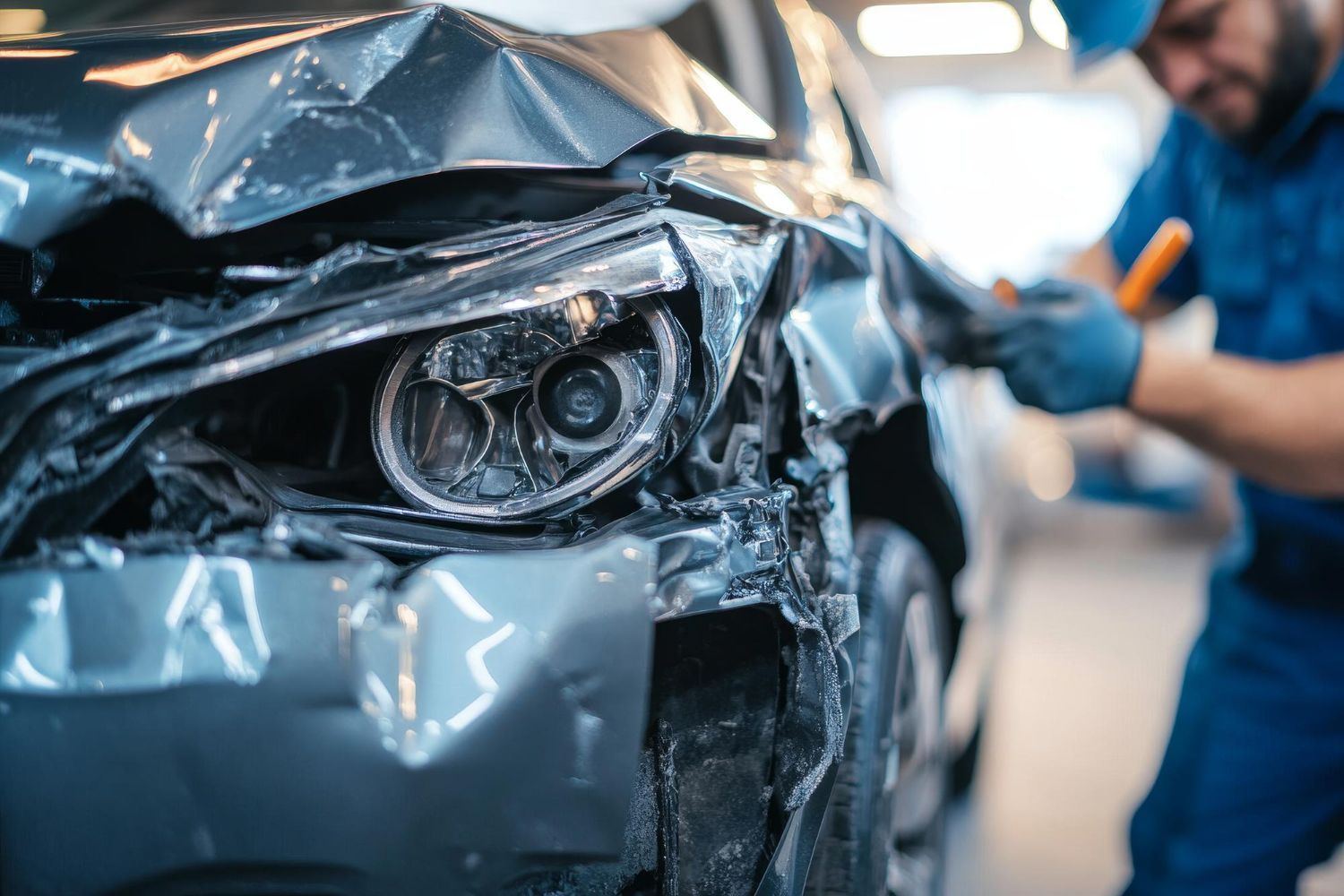 A mechanic in blue workwear inspects the heavily damaged front end of a gray car in a workshop.