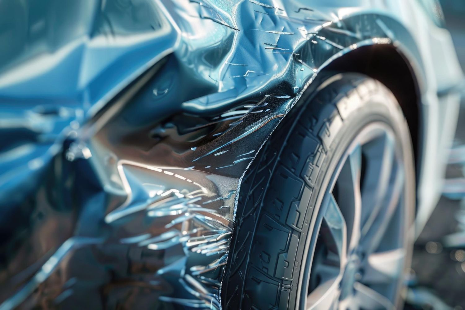 Car wrapped in shiny, clear protective film; close-up of tire and wheel.