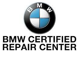 A bmw certified repair center logo on a white background.