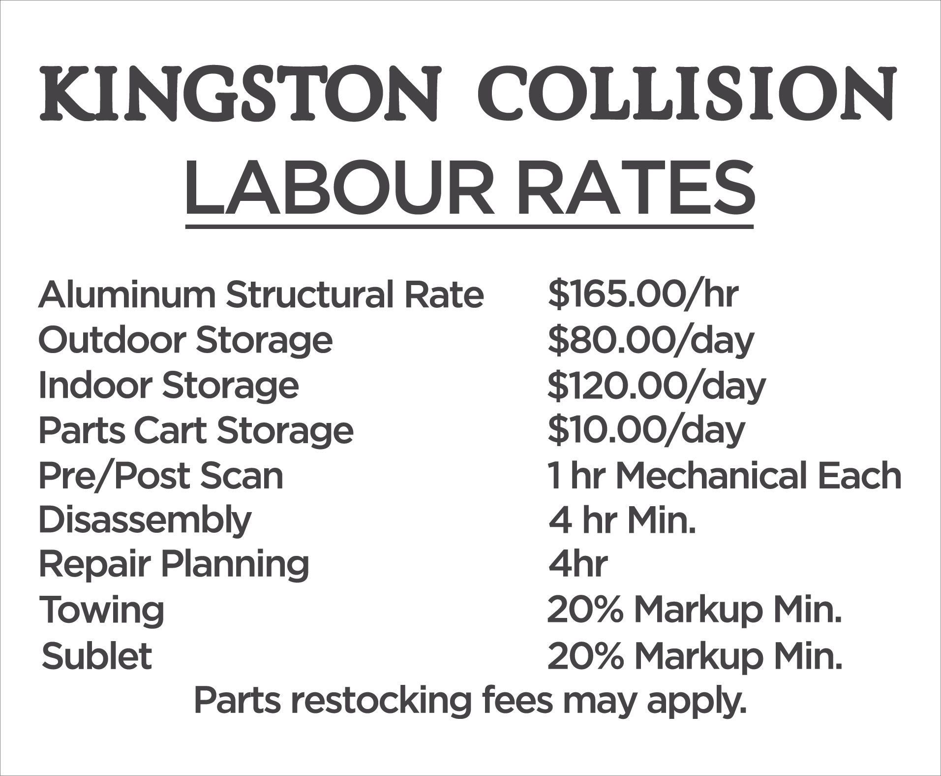Kingston collision labour rates are listed on a white background.
