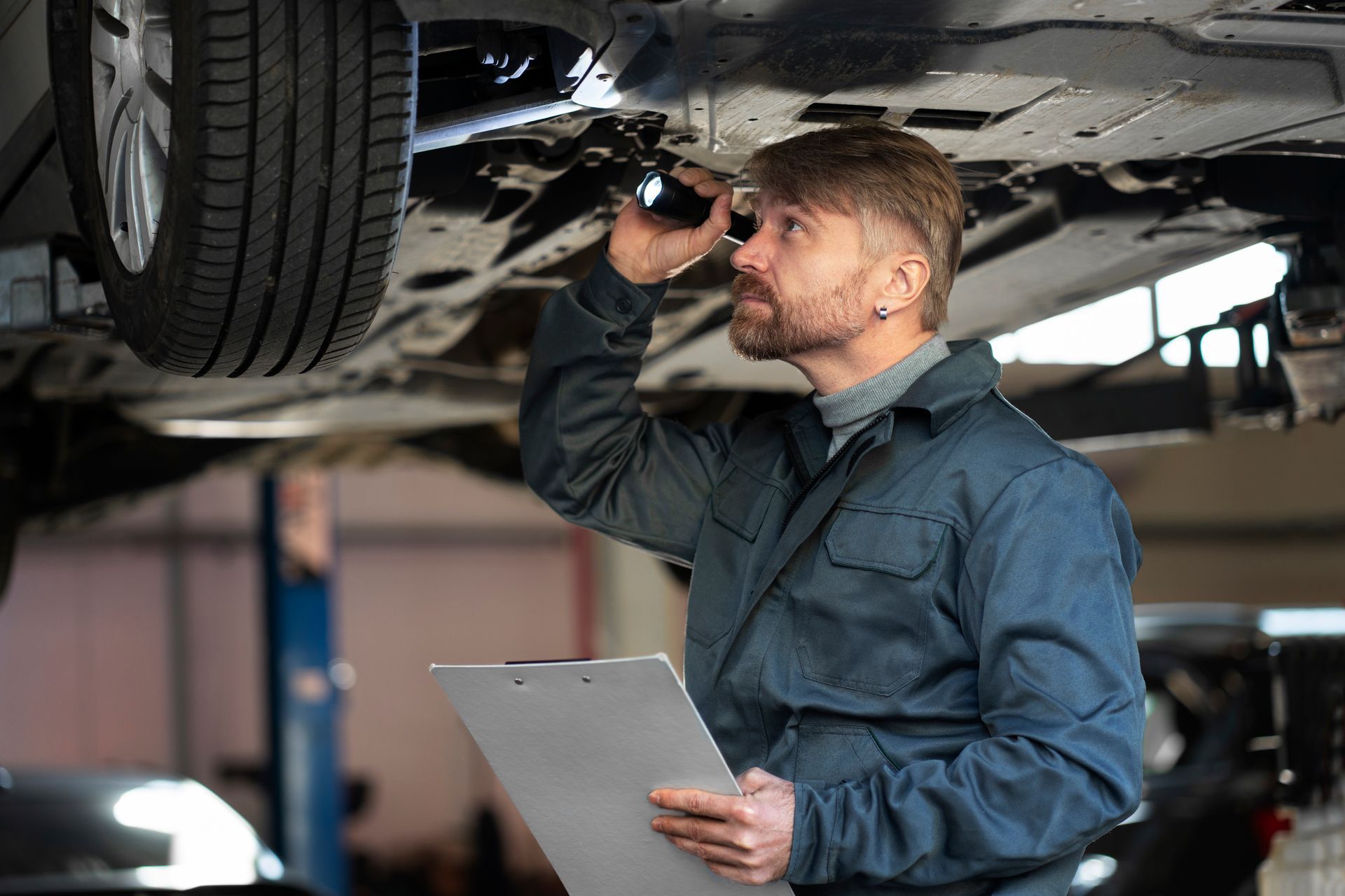 A man is looking under a car with a flashlight while holding a clipboard.