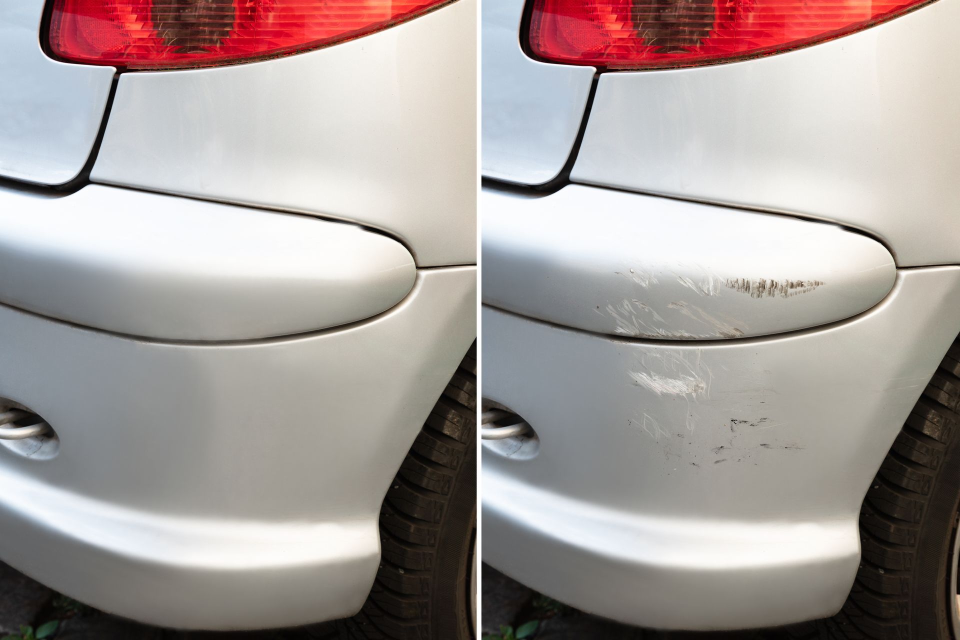 a before and after photo of a car bumper