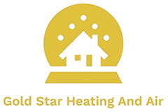 A gold star heating and air logo with a house in a snow globe.