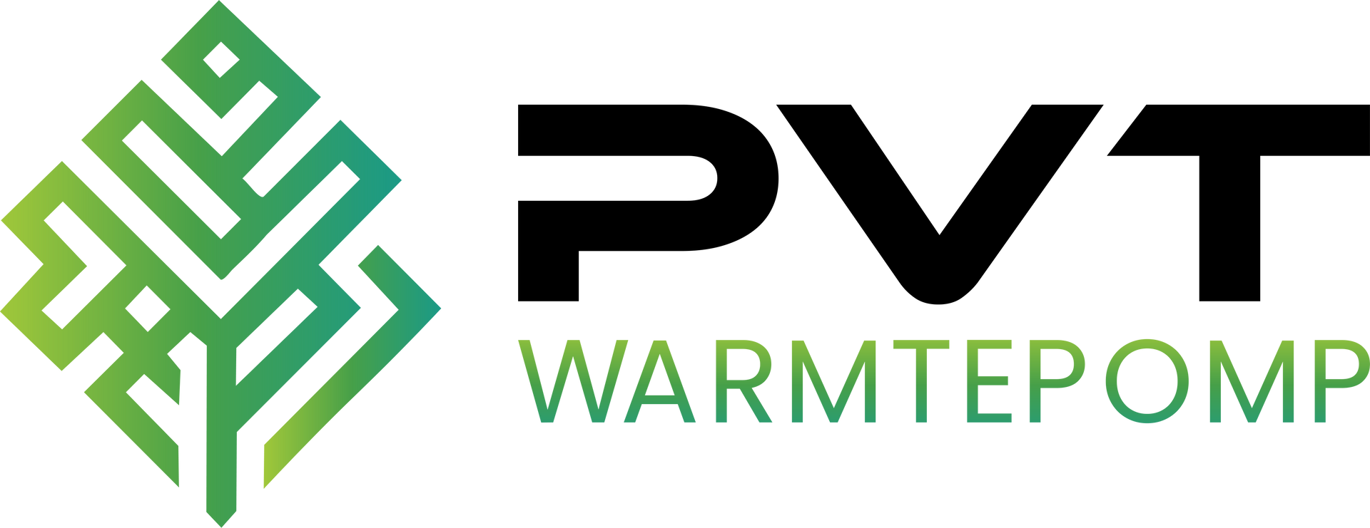 Logo: Pictogram van een zonnepaneel, ventilator en vlam met de tekst "PVT Warmtepomp" in blauw en oranje.