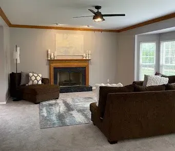 Living room with fireplace, brown furniture, gray walls, and area rug.