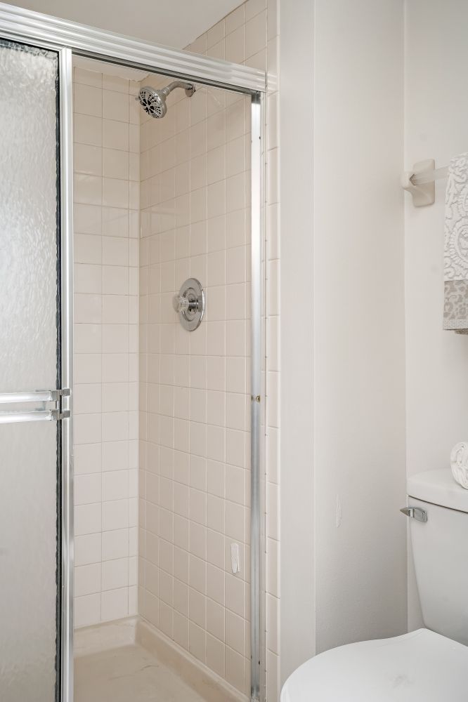 A bathroom with a toilet and a shower with a glass door.