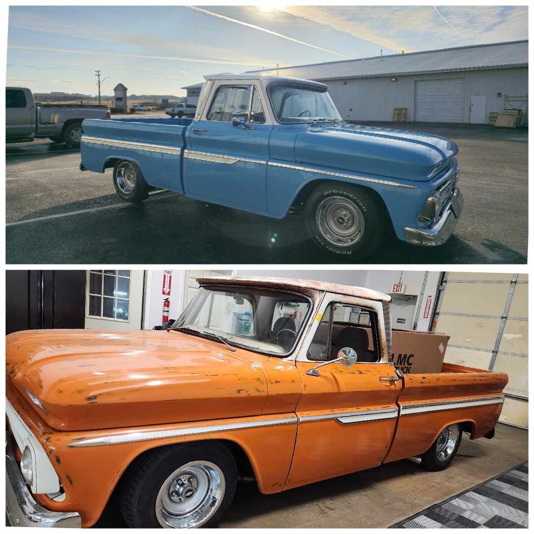 Two vintage Chevrolet pickup trucks: blue outside, orange inside a garage.