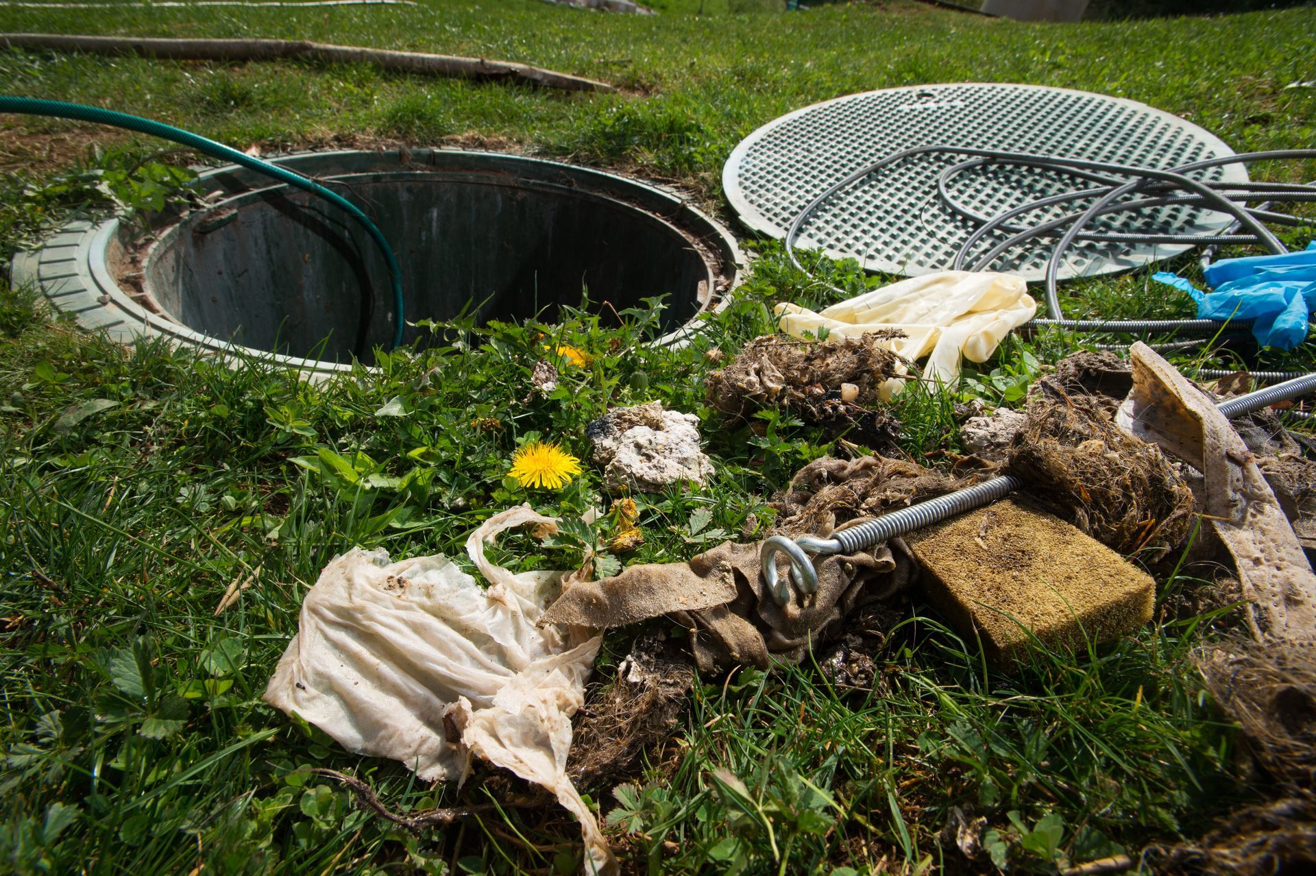 A manhole cover is sitting in the grass next to a hose.