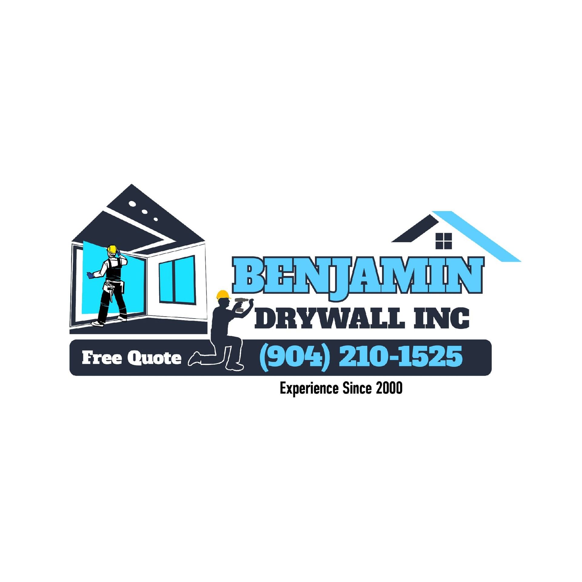 Logo: Benjamin Drywall Inc. with a worker inside a house frame, phone number, and