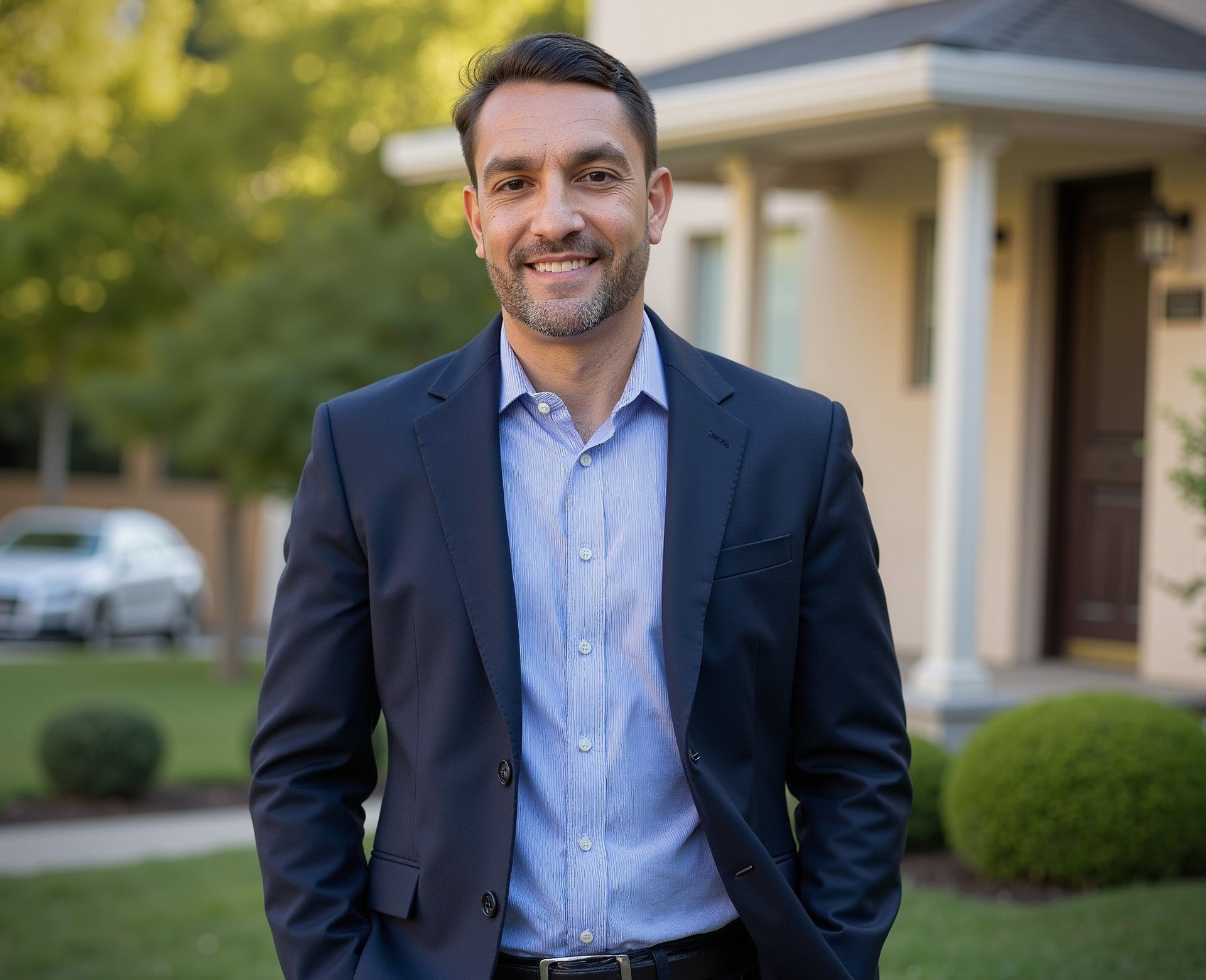 Man in suit stands outside a house, smiling with hands in pockets.