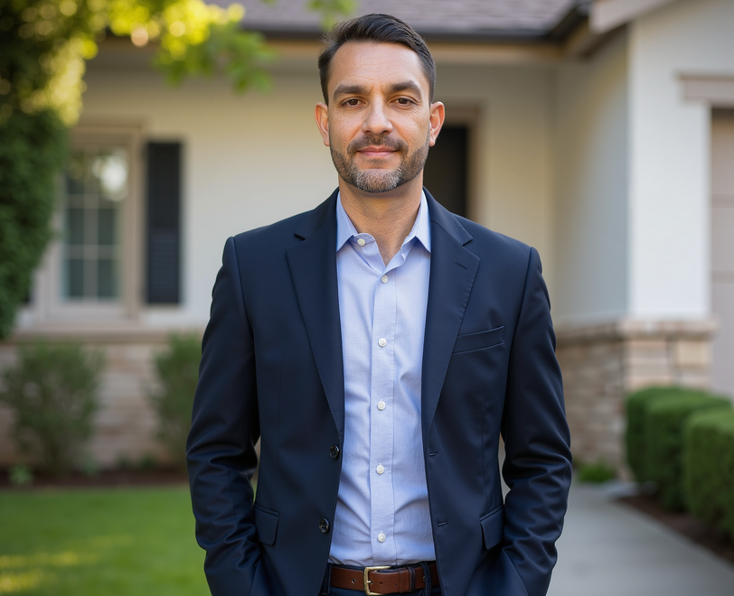 Man in a navy suit stands in front of a house, smiling with hands in his pockets.