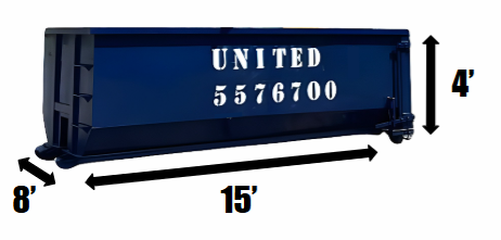 A blue dumpster with measurements on a white background. 15 yard roll off dumpster