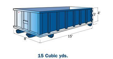 A blue dumpster with measurements on a white background. 15 cubic A blue dumpster with measurements on a white background. 15 cubic