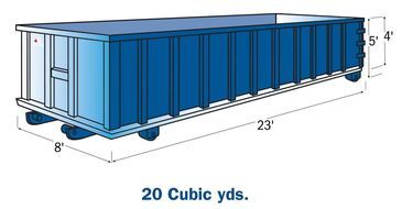 A blue dumpster with measurements on a white background. A blue dumpster with measurements on a white background. 20 cubic