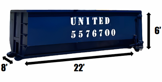 A blue dumpster with measurements on a white background. 40 yard roll off dumpster