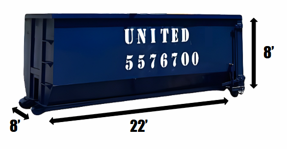 A blue dumpster with measurements on a white background. 40 yard roll off dumpster
