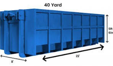A blue dumpster with measurements on a white background. 40 cubic A blue dumpster with measurements on a white background. 40 cubic