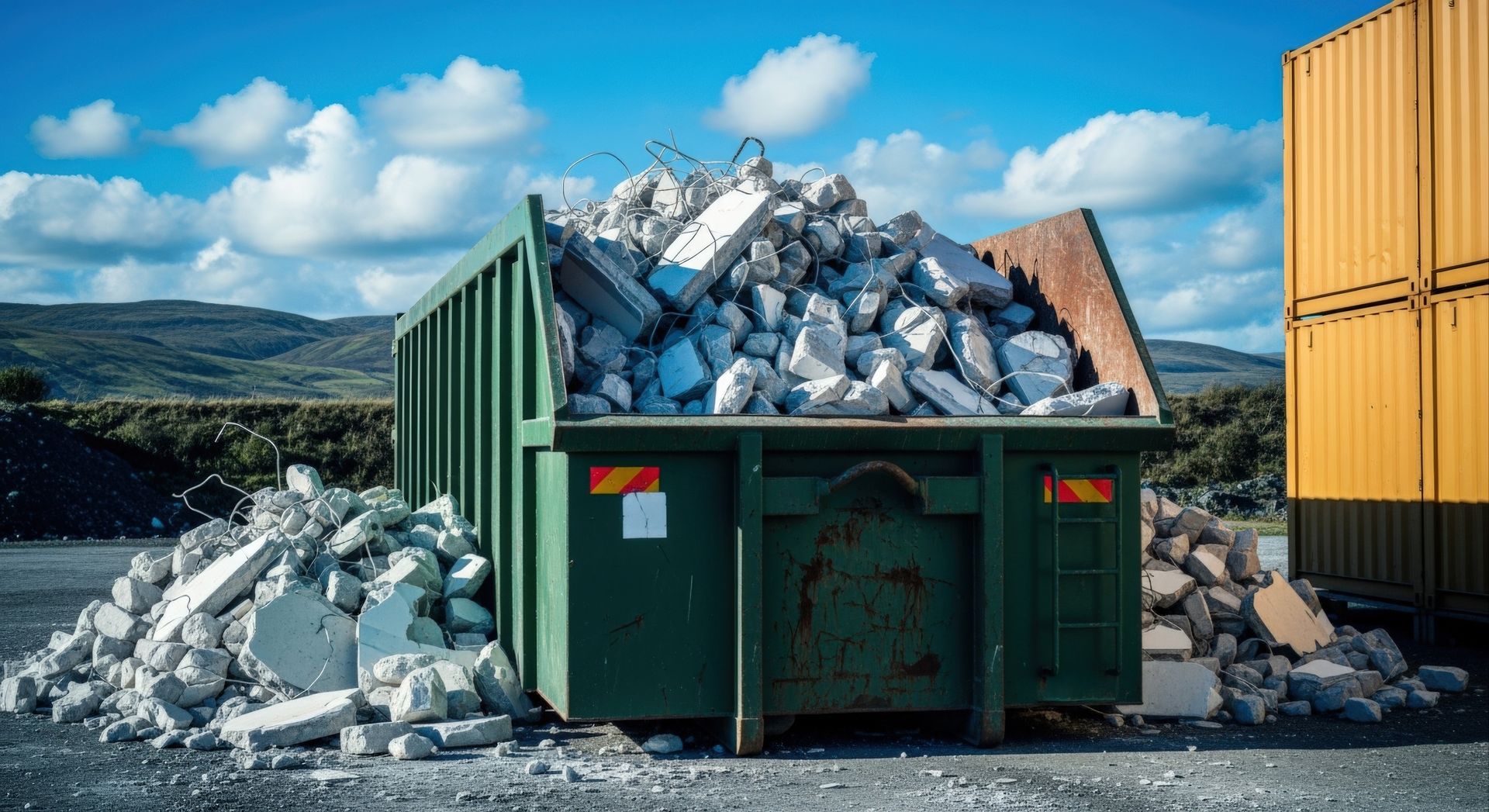 Large dumpster filled with broken concrete rubble at an outdoor work site.