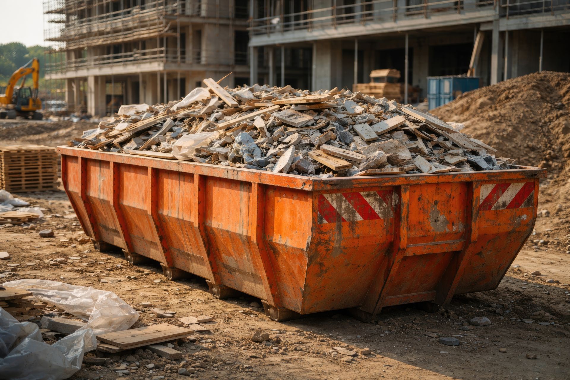 Large blue metal dumpster with a closed lid placed on a concrete pad in a desert area. Orange construction dumpster filled with debris at an active building site.