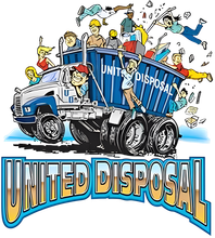 A cartoon illustration of a united disposal truck