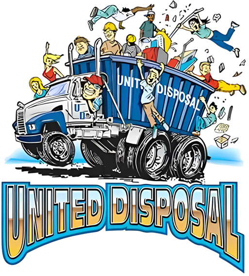 A cartoon illustration of a united disposal truck
