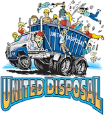 A cartoon illustration of a united disposal truck