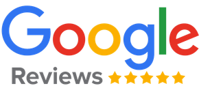 Google Reviews logo with blue, red, yellow, and green letters; includes 5 gold stars.