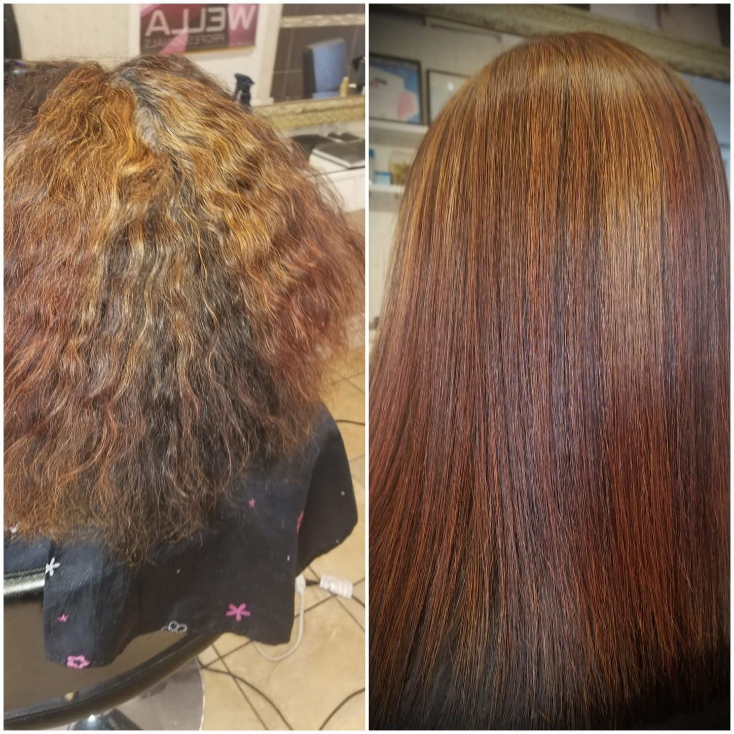 Before-and-after images showcasing the transformative effects of Crystal Treatment on a client's hair, with the 'before' photo revealing dull and damaged hair, and the 'after' photo displaying revitalized, shiny, and nourished hair, illustrating the remarkable results achieved through the salon's premium hair care services.