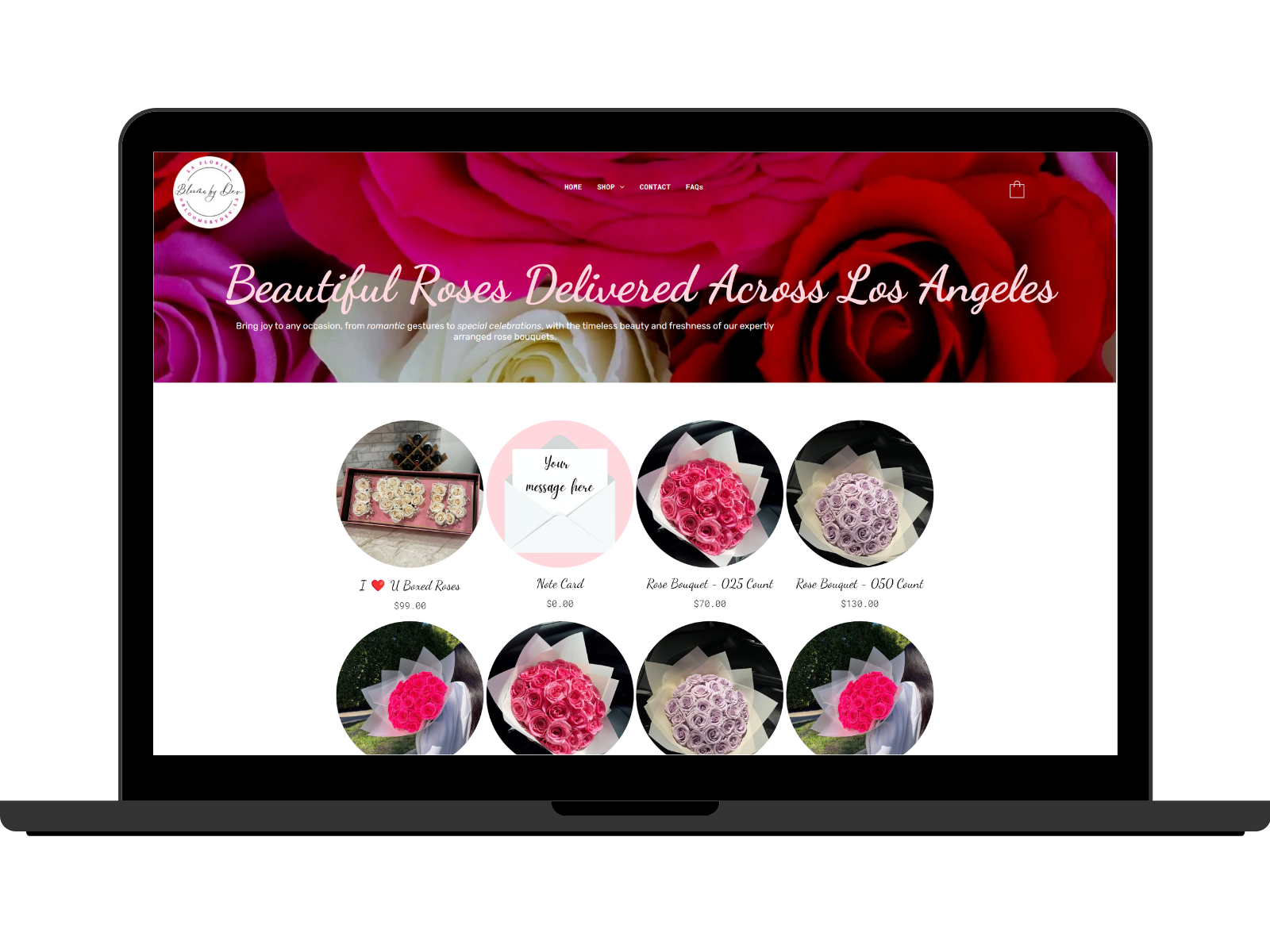 A laptop computer displaying a website for beautiful roses delivered across los angeles.