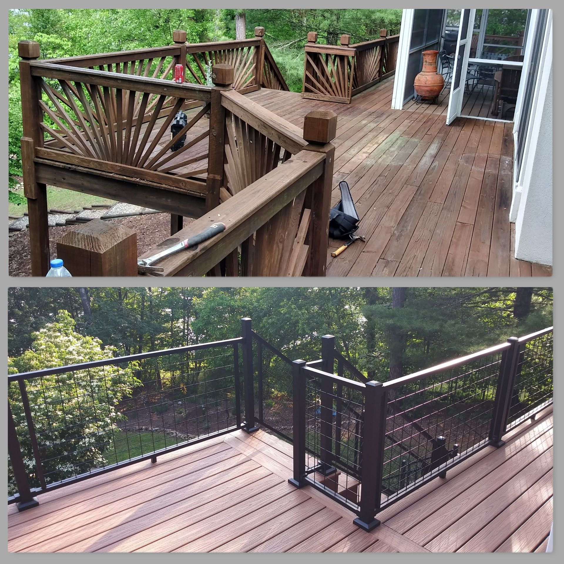 Comparison of a wooden deck with intricate railings and a modern deck with black cable railings.