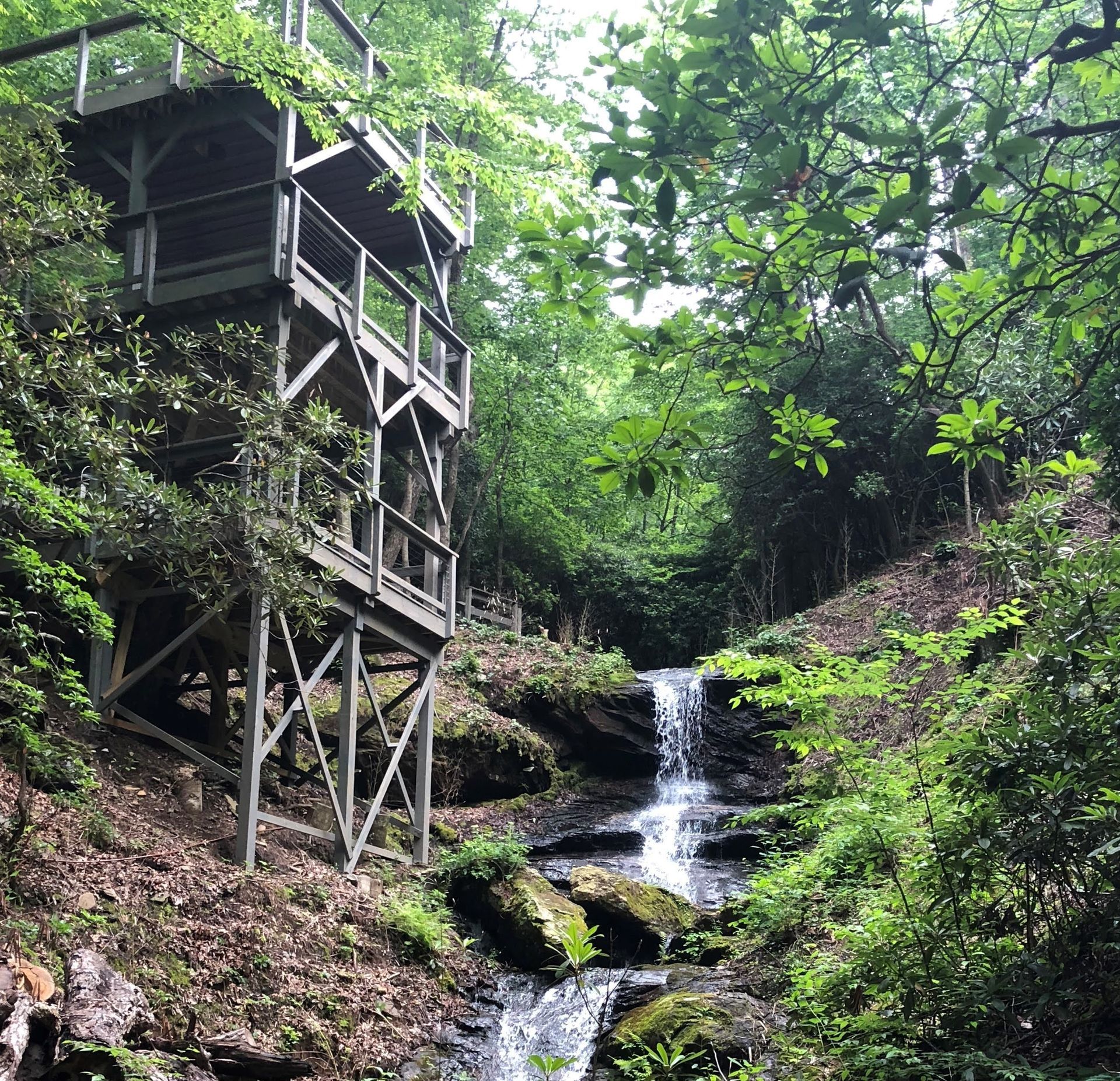 Wooden observation tower beside a waterfall cascading through lush green foliage.