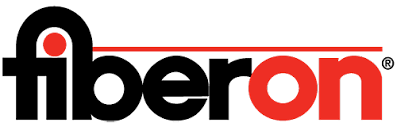 Fiberon logo: Black letters with a red "on". A red dot sits above the "i". A small registered trademark symbol appears on the upper right.