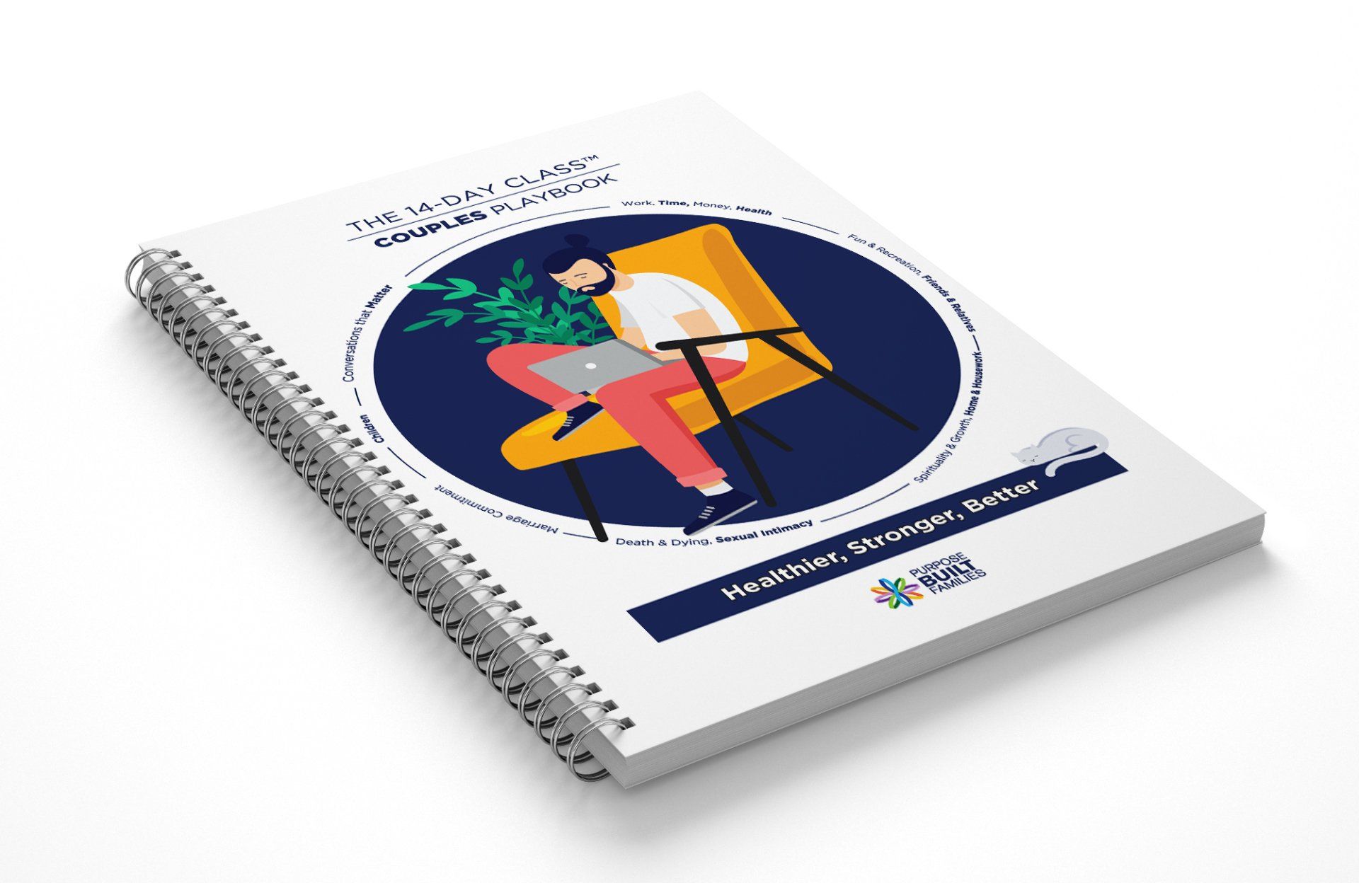 A spiral notebook with a picture of a person sitting in a chair.