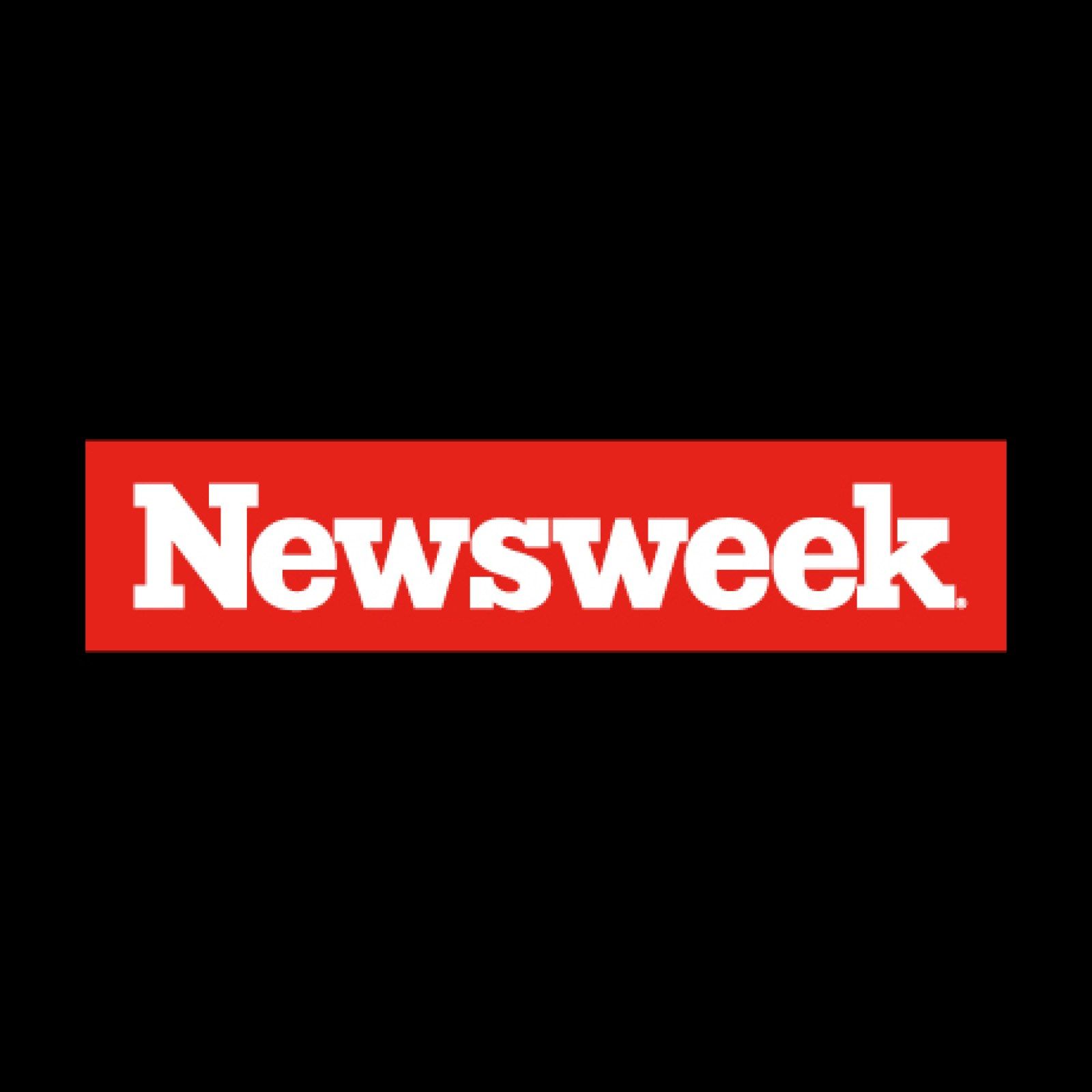 A red and white newsweek logo on a black background