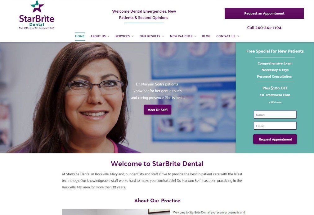 A woman wearing glasses is smiling on a dental website.