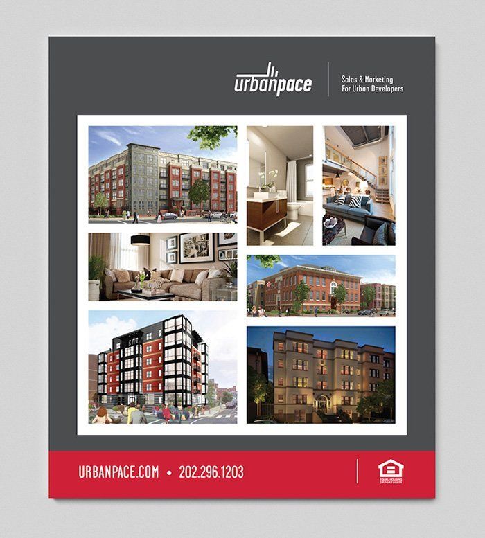 A collage of pictures of buildings and interiors for a real estate advertisement.