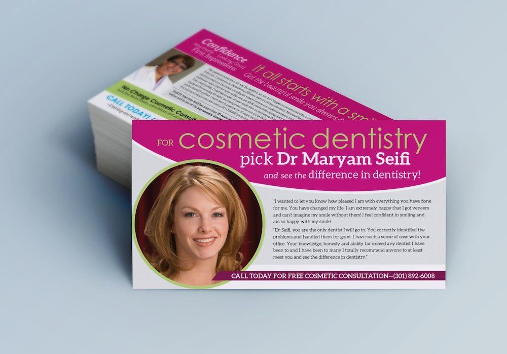 A flyer for cosmetic dentistry with a picture of a woman