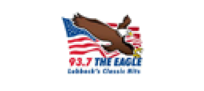 A logo for 93.7 the eagle with an eagle flying over an american flag.