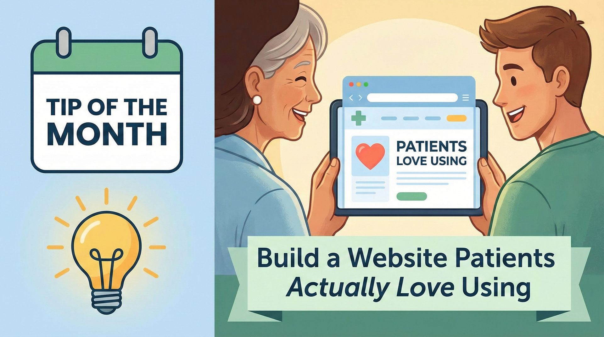 Cartoon of a woman and man looking at a tablet with a website on it that says 