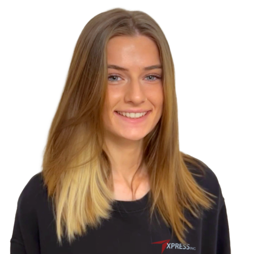 A woman wearing a black shirt that says express on it
