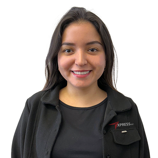 A woman wearing a black shirt that says express on it