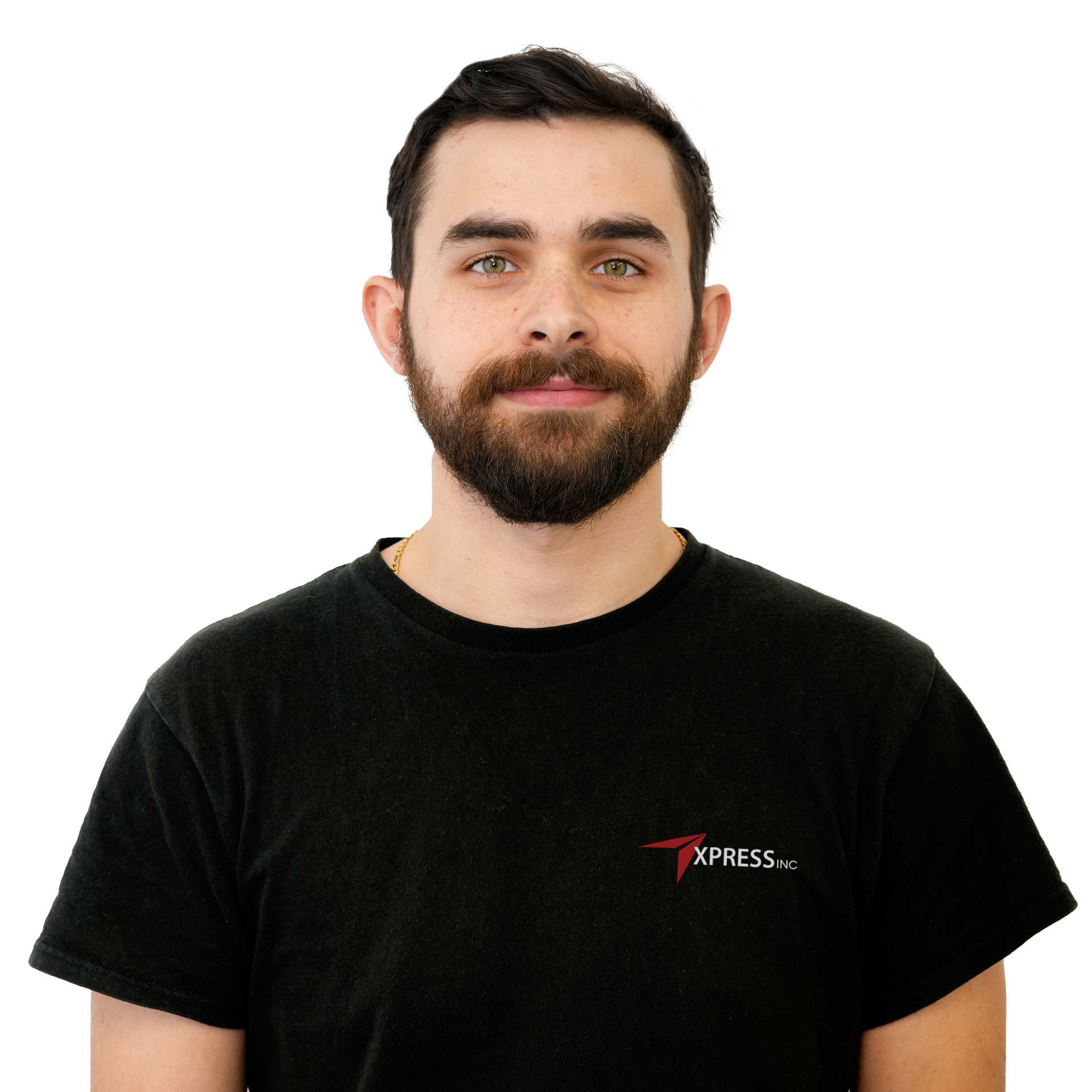 A man with a beard is wearing a black xpress shirt