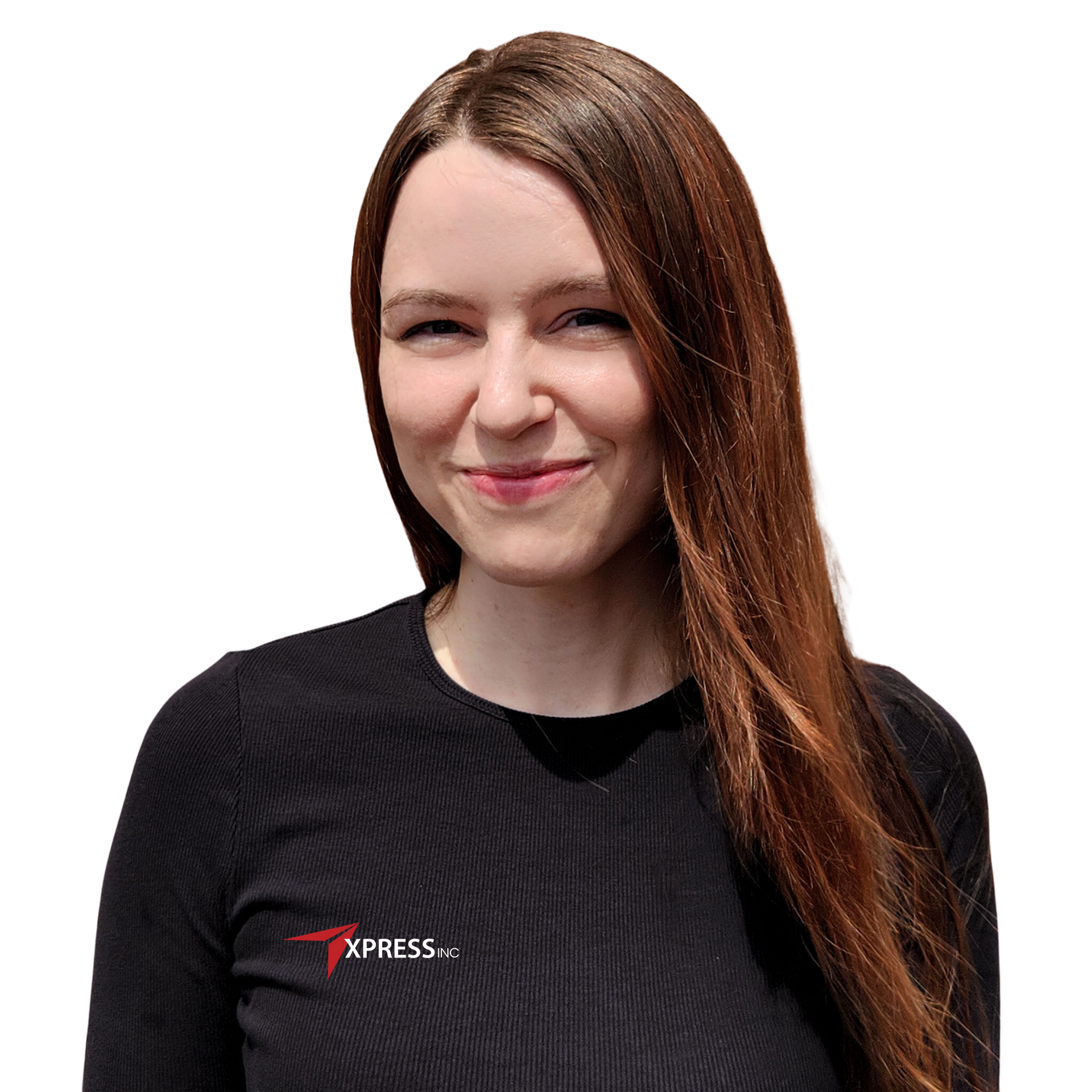 A woman wearing a black shirt that says express on it