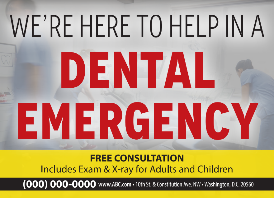 A poster that says we 're here to help in a dental emergency